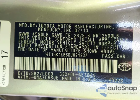 2013 Toyota Avalon Xle z USA, uszkodzony, nr VIN 4T1BK1EB6DU021237